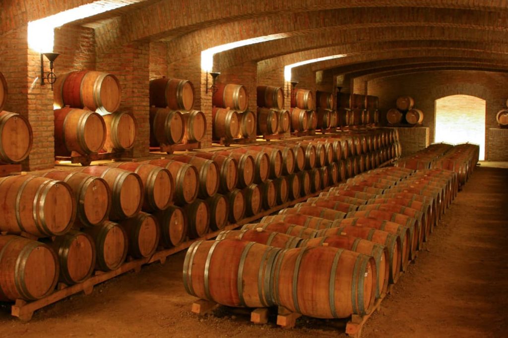 Bodega de almacenamiento de vino con muchos barriles